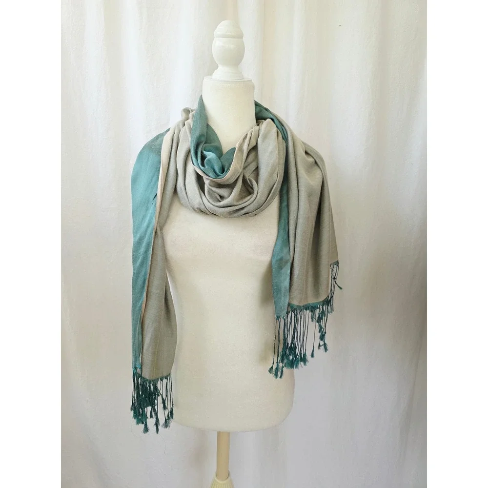 100% Silk Scarf Teal ecru Reversible Fringe Wrap Shawl 27x86